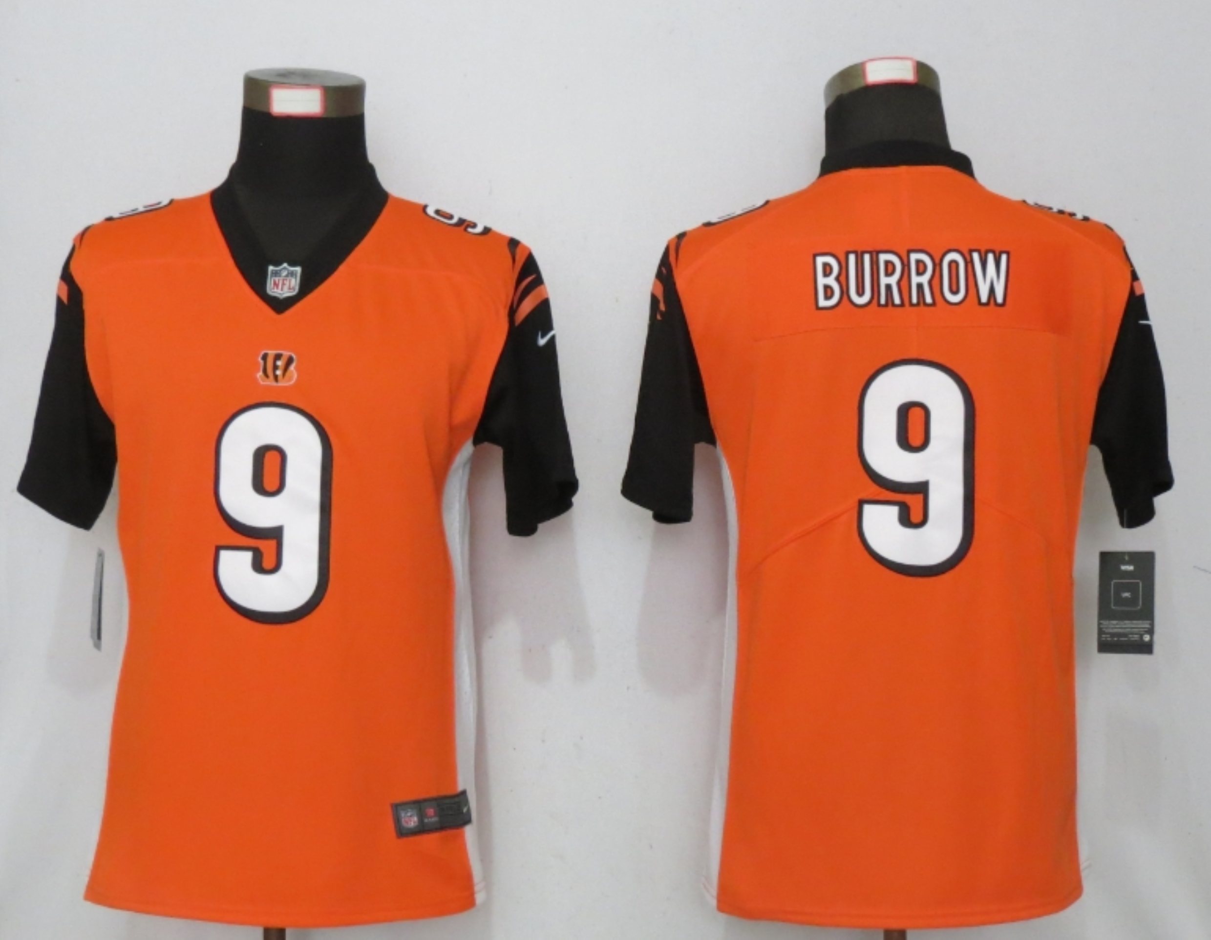 Women New Nike Cincinnati Bengals 9 Burrow Nike Orange NFL 100 Alternate Vapor Elite Playe